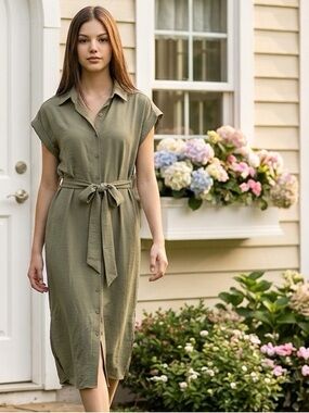 DKNY Olive Green Midi Shirt Dress with Tie Waist